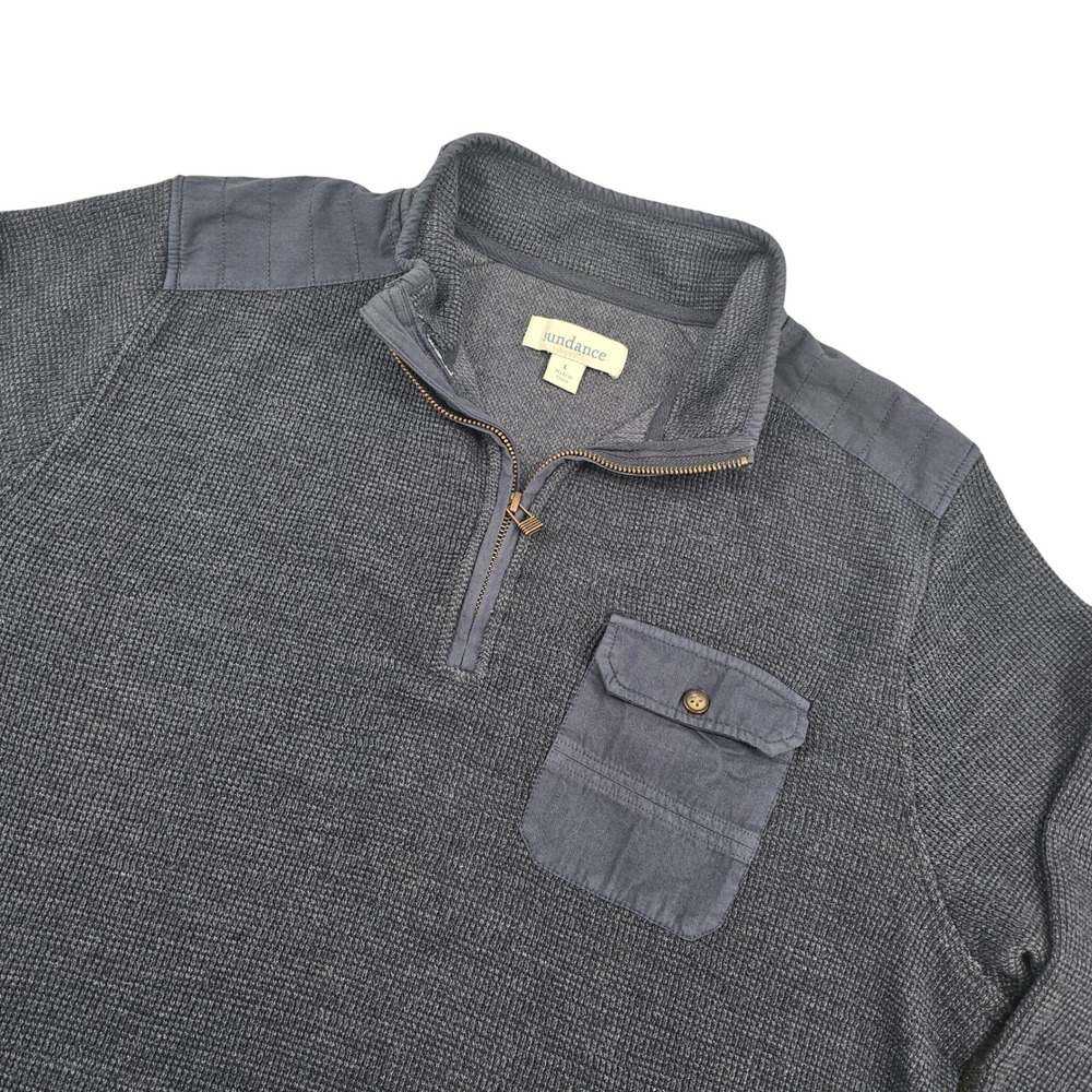 Sundance Mens Navy Blue Waffle Knit Quarter Zip Pullover Quilted Shoulder Large